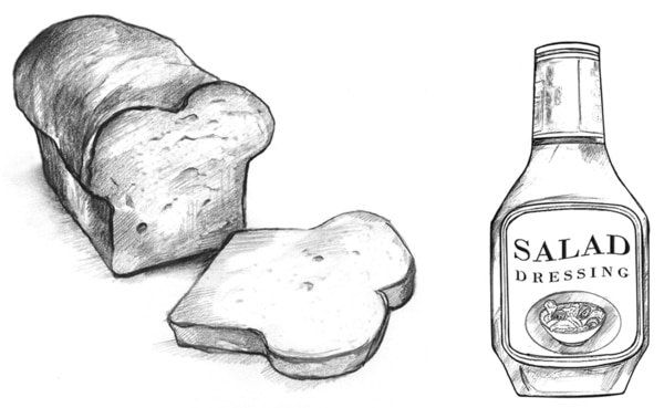 Drawing of a loaf of bread and a bottle of salad dressing.