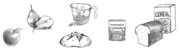 Drawing of a apple, pear, glass measuring cup filled partially with peas, baked potato cut open, can of pinto beans, loaf of bread and a box of cereal.