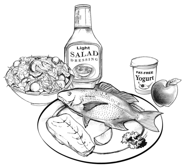 Dibujo de un plato con pescado, un bol con ensalada, aderezo ligero para ensalada, yogur sin grasa y una manzana.