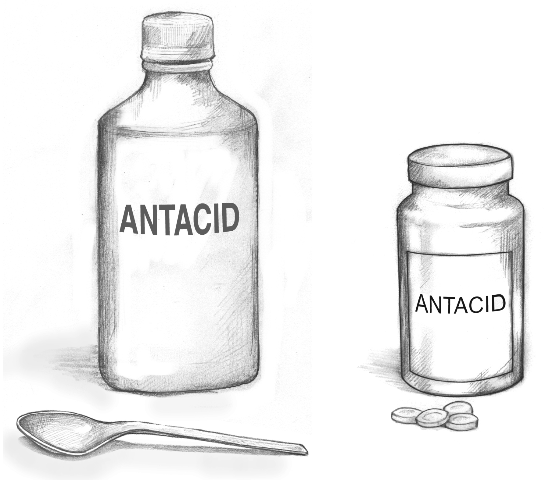 Bottle of liquid antacid and a bottle of antacid pills Media Asset