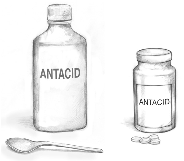 Drawing of a bottle of liquid antacid and a bottle of antacid pills.