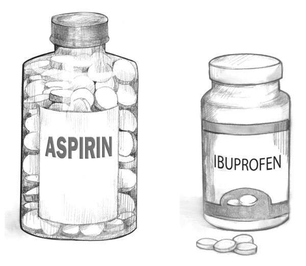 Drawing of a bottle of aspirin and a bottle of ibuprofen.