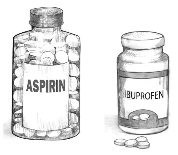 Drawing of a bottle of aspirin and a bottle of ibuprofen.