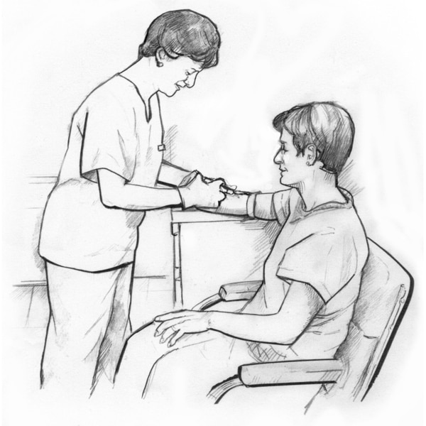 Illustration of a female health care provider drawing blood from the arm of a male patient, who is sitting in a chair