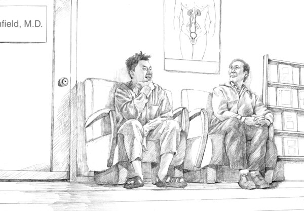 Illustration of a middle-aged Asian man and a younger Asian man sitting in doctor's waiting room.