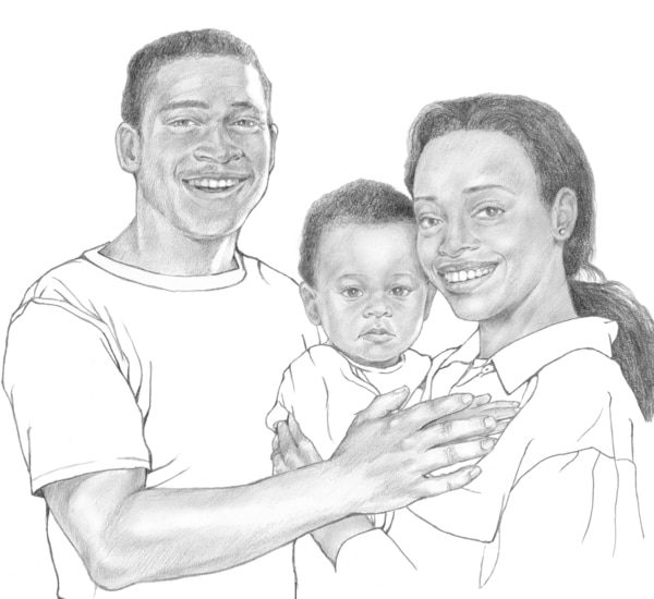 Illustration of an African American family, including a young father and mother holding a baby.