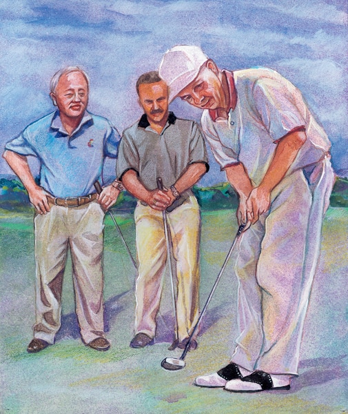 Illustration of three men playing golf on the putting green.
