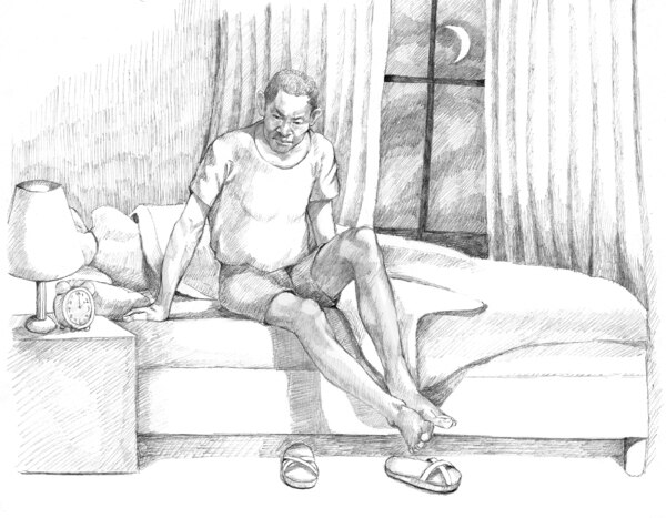 Illustration of an African American man getting out of bed due to nocturia.