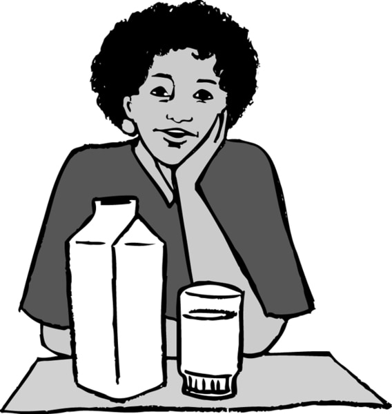 Illustration of a woman with a carton and glass of milk.