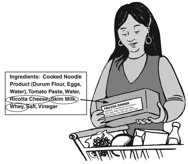 Illustration of a woman reading a food ingredients label.