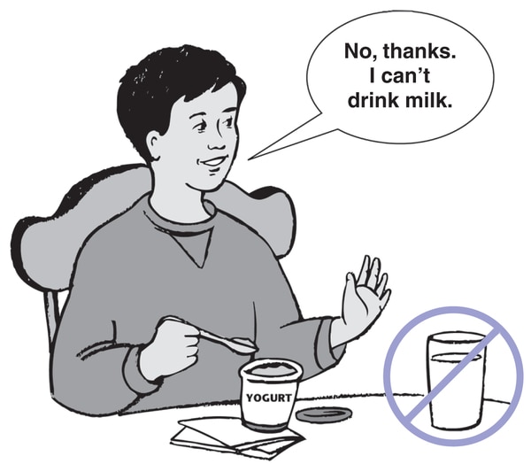 Illustration of a boy avoiding milk.