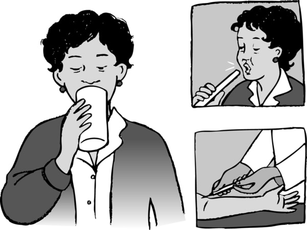Illustration of a woman drinking milk, taking a breath test, and having blood drawn.