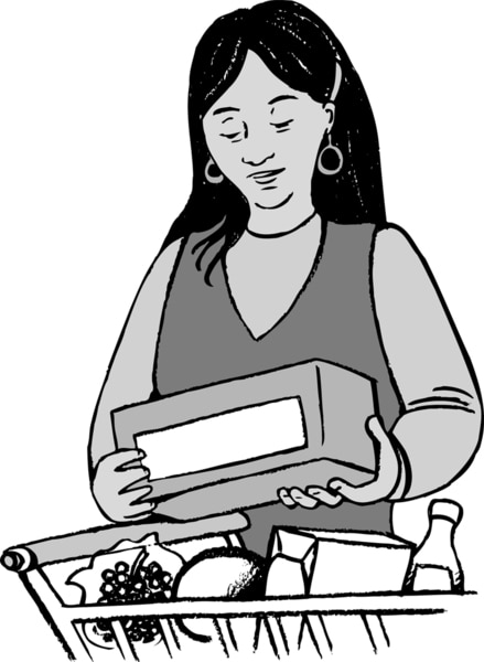 Illustration of a woman reading a food ingredients label.