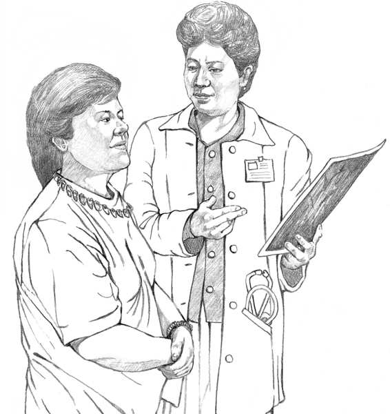 Drawing of a doctor showing a patient an x ray.