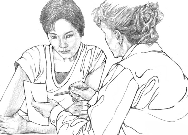 Drawing of a doctor consulting a patient.