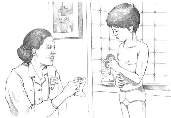 Drawing of a nurse explaining how to take care of a stoma to a boy.