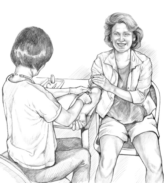 Drawing of a patient having her blood drawn.