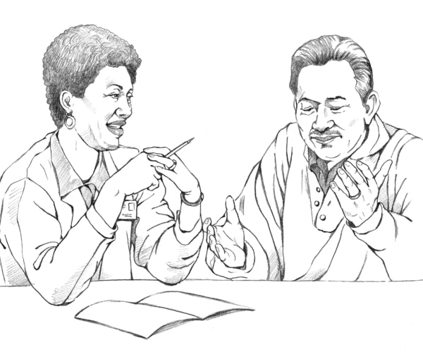 Drawing of a male patient and a female doctor sitting at a table and talking.