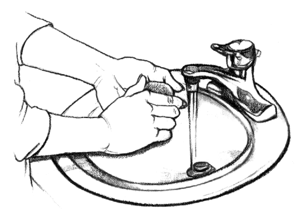 Drawing of a person washing his hands with soap.