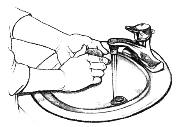 Drawing of a person washing his hands with soap.