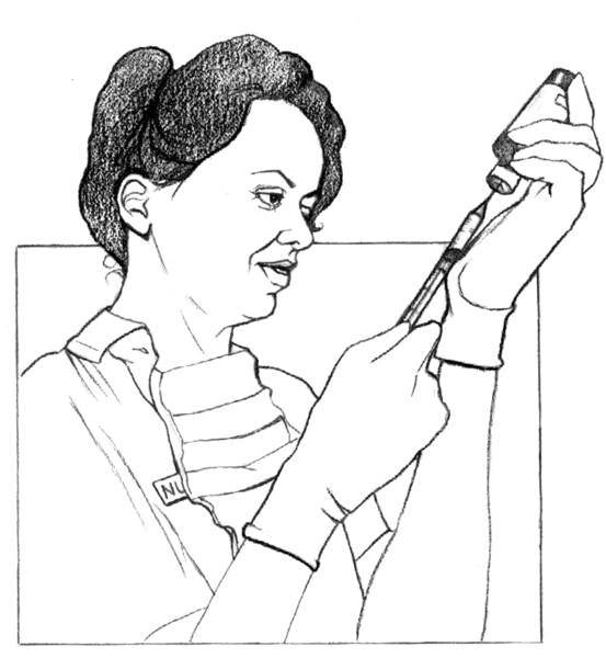 Drawing of female health care provider wearing gloves and drawing medication into a syringe.