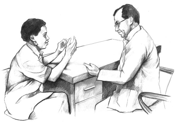 Drawing of a male doctor talking with a female patient. Both are seated at a desk.