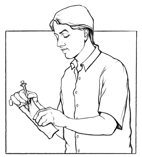 Drawing of a male disposing of a needle.