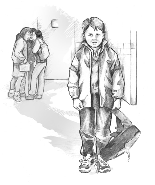 Drawing of an unhappy boy holding his backpack.