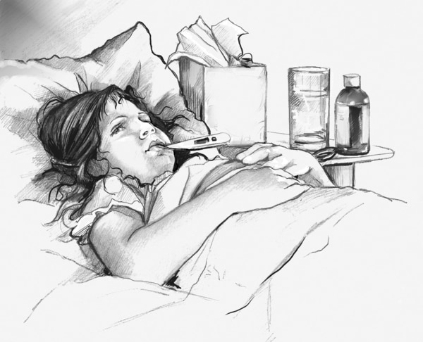 Drawing of a Caucasian girl sick in bed with a thermometer in her mouth.