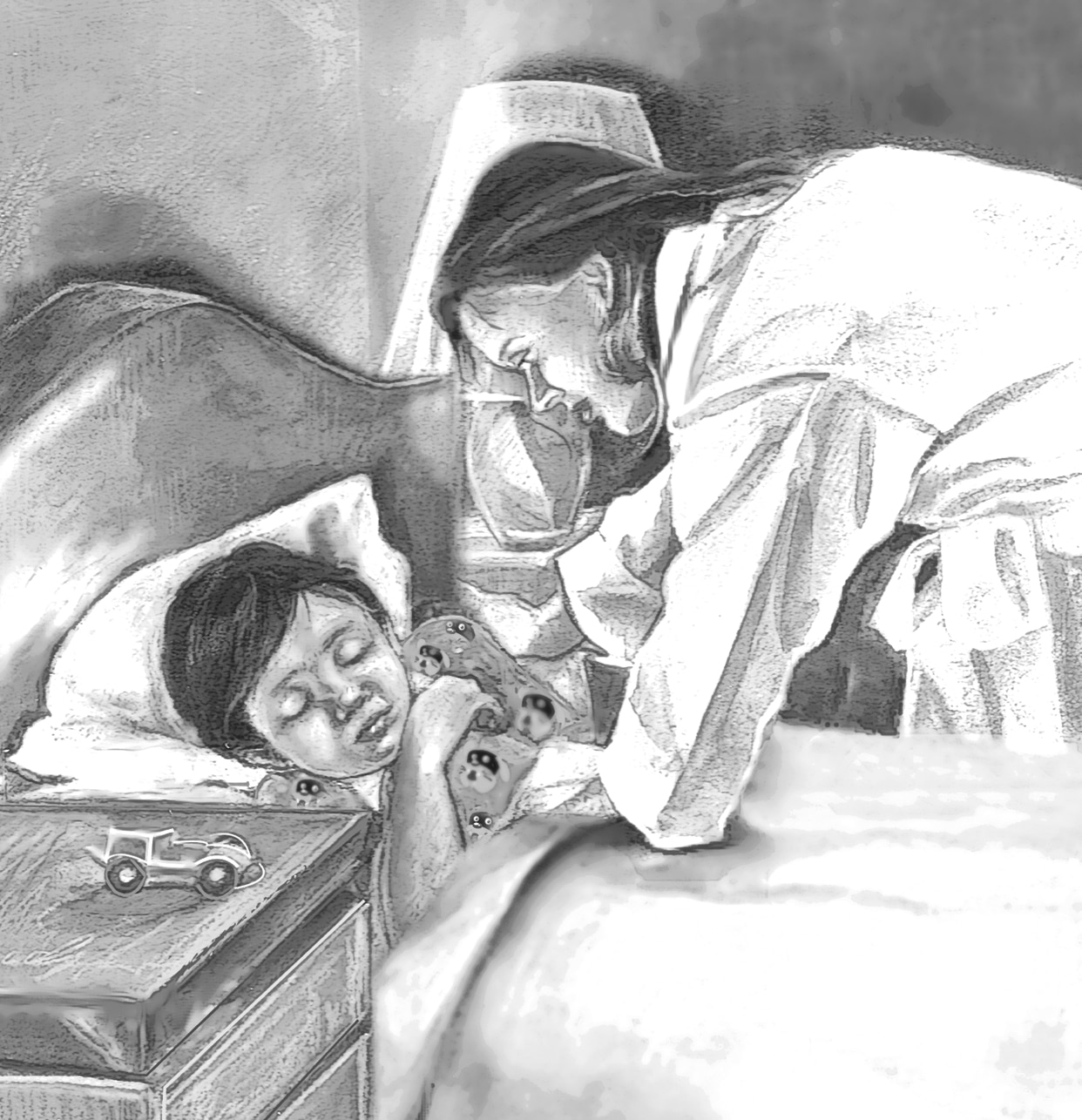 A mother tucking in her sleeping son black and white - Media Asset picture