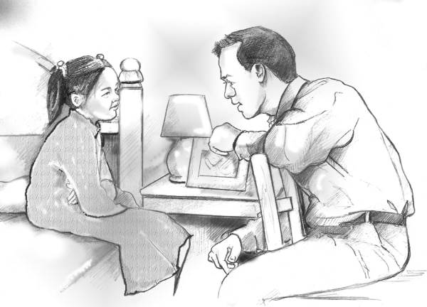 Drawing of a father talking with his daughter in her bedroom.