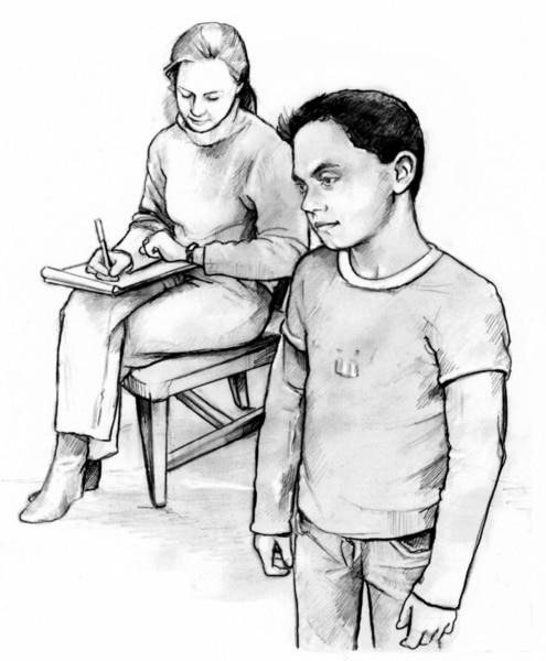 Drawing of a Caucasian boy waiting while his mother writes something down.