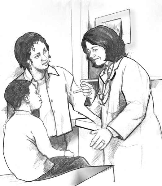 Drawing of an African American mother and son talking with a female doctor; the son is sitting on an exam table, and the mother and doctor are standing in front of him.