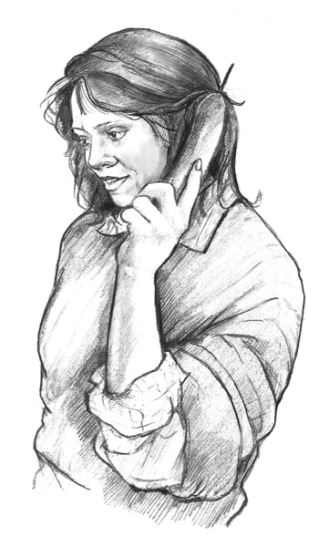 Drawing of a Caucasian woman on the phone.