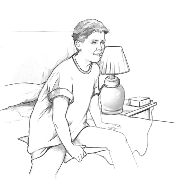 Drawing of a Caucasian boy awakened by a moisture alarm and getting out of bed.