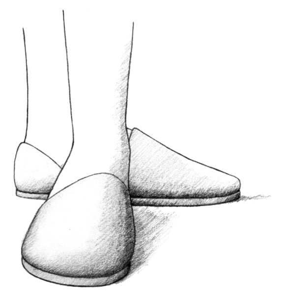 Drawing showing two feet clad in slippers.