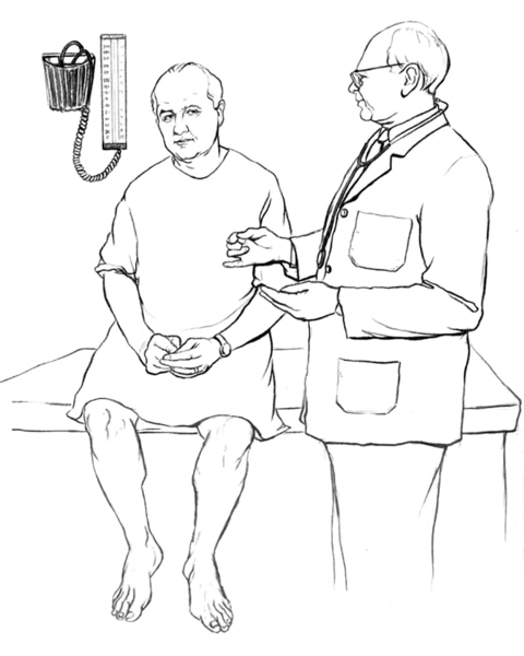 Drawing of a doctor talking with a patient in an exam room.