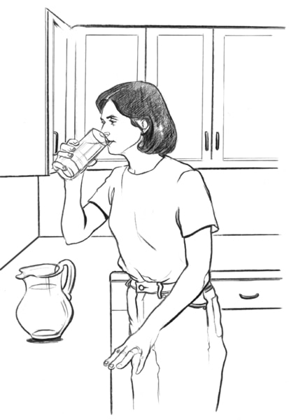Drawing of a woman standing at a kitchen counter and drinking from a glass. A pitcher of water and a pill bottle are on the counter.