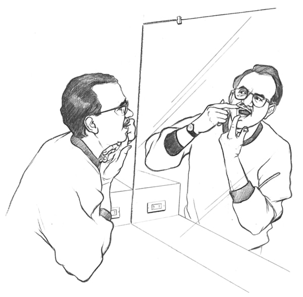 Drawing of a man holding his mouth open with his fingers and looking in a mirror to check his teeth and gums for signs of problems.