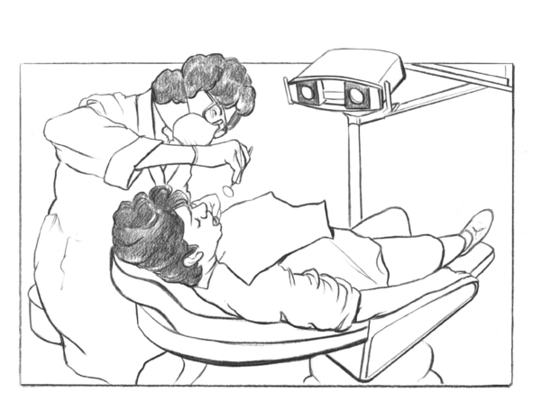 Drawing of a patient being examined by a dentist.