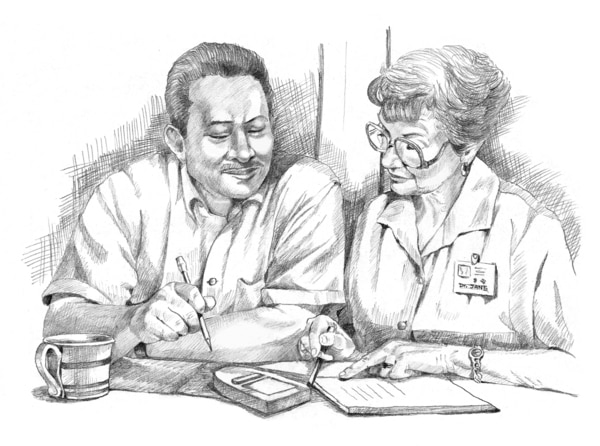 Drawing of a patient talking with a doctor.