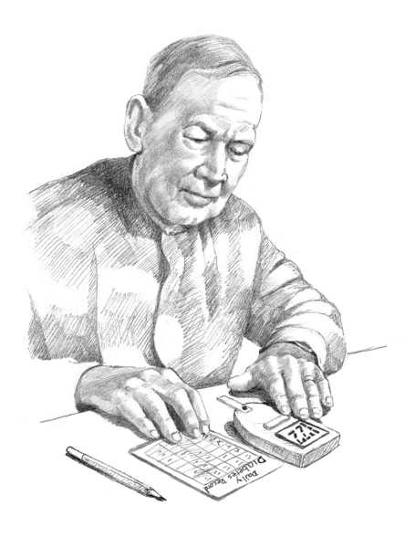Drawing of a man checking his blood glucose level.