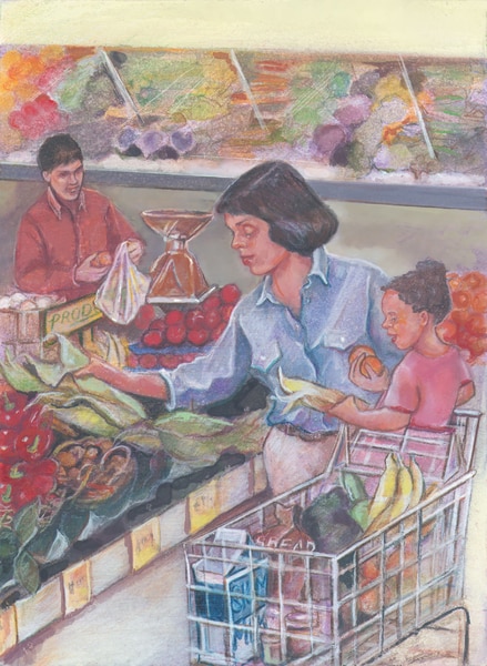 Drawing of a woman choosing produce at a grocery store. She is standing next to a shopping cart filled with food. Her young daughter is sitting in the front part of the cart. In the background, a man is putting produce in a bag.