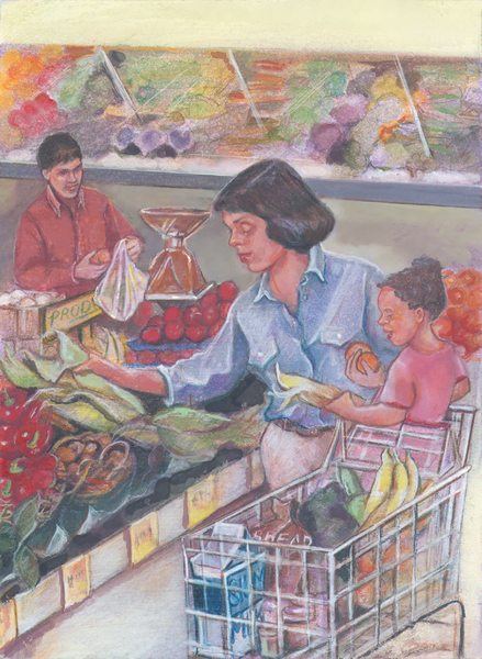 Drawing of a woman choosing produce at a grocery store. She is standing next to a shopping cart filled with food. Her young daughter is sitting in the front part of the cart. In the background, a man is putting produce in a bag.