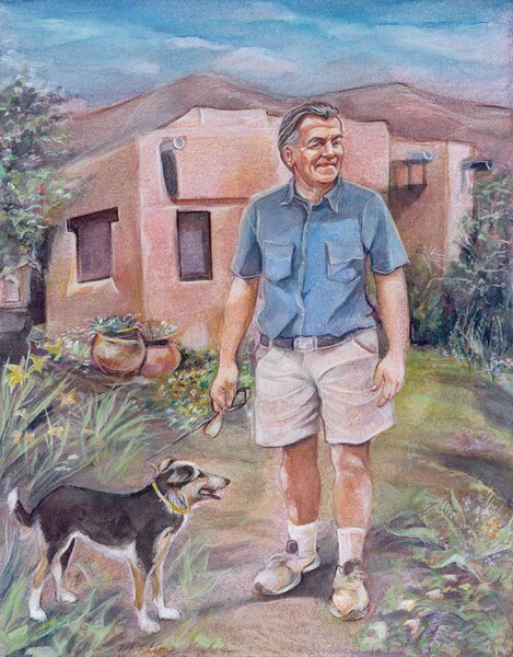 Drawing of a man walking his dog outside of an adobe building.