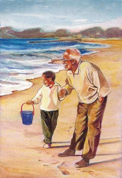 Drawing of an elderly man with a child on a beach. The man holds the child’s hand. The child holds a small bucket.