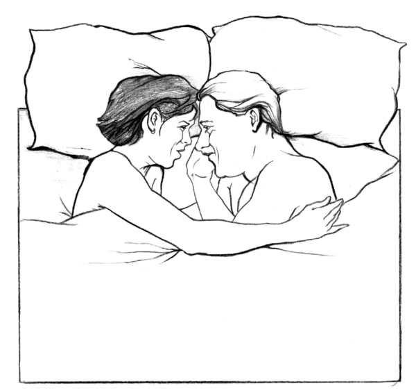 Drawing of a man and a woman facing each other in a bed. Their bodies are covered with a blanket except for their arms, shoulders, and heads. Their heads are resting on pillows. The woman has her arm around the man. They are smiling at each other.