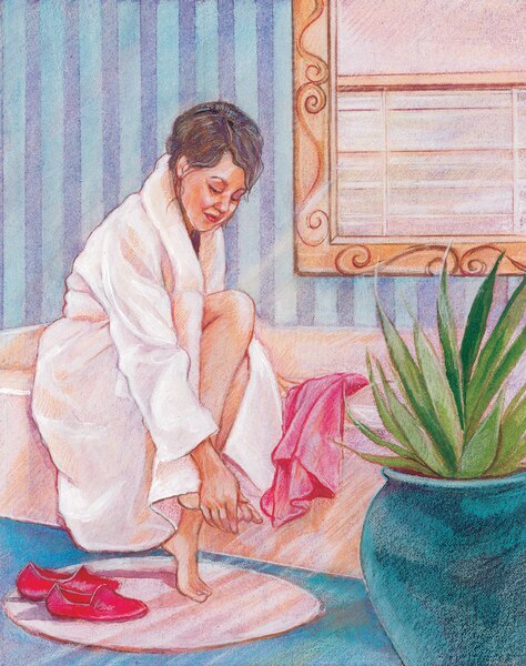 Drawing of a woman in a bathrobe drying her foot.