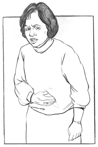 Drawing of a woman with her hand on her stomach appearing as though she is in pain.