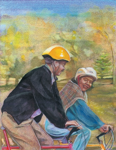 Drawing of a man and a woman wearing helmets and riding bicycles. The man and woman are smiling at each other as they ride.
